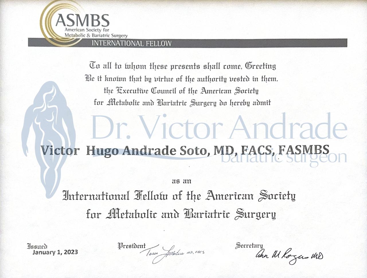 ASMBS International Fellow certificate for Dr. Victor Hugo Andrade Soto dated January 2023