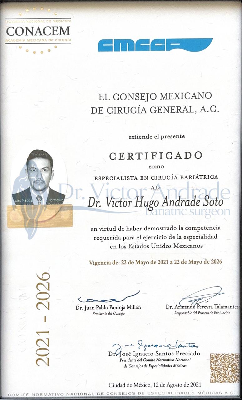 Mexican bariatric surgery specialist certificate issued to Dr. Victor Hugo Andrade Soto