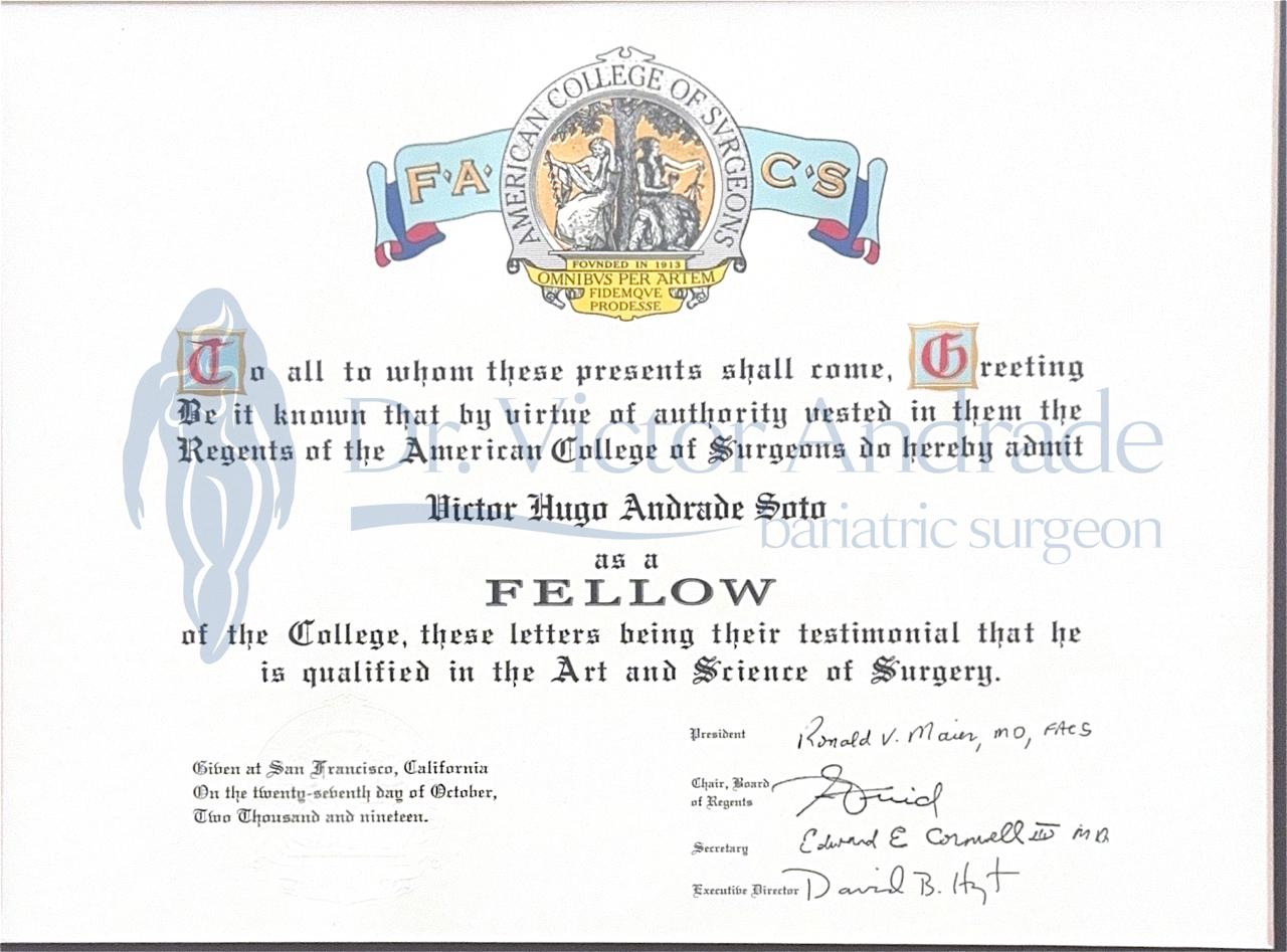American College of Surgeons Fellow certificate awarded to Dr. Victor Hugo Andrade Soto in 2019