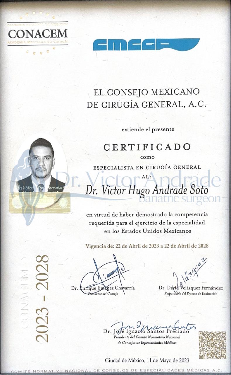 Mexican general surgery specialist certificate issued to Dr. Victor Hugo Andrade Soto